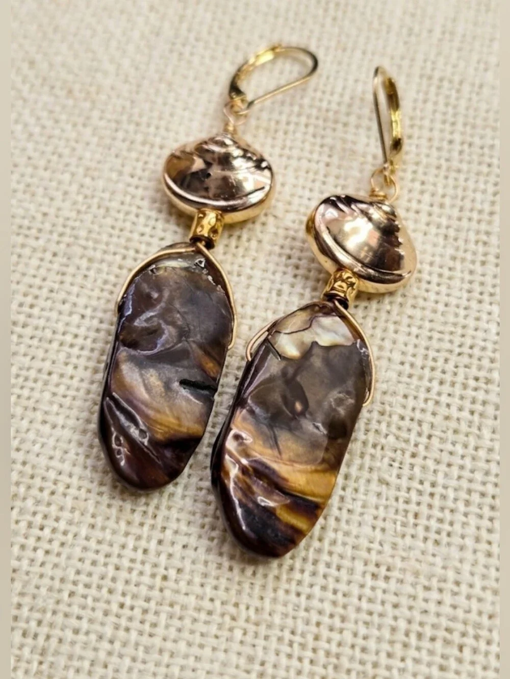 Rustic Brown Mother Of Pearl MOP In Long Drop Down Artisan Made Earrings